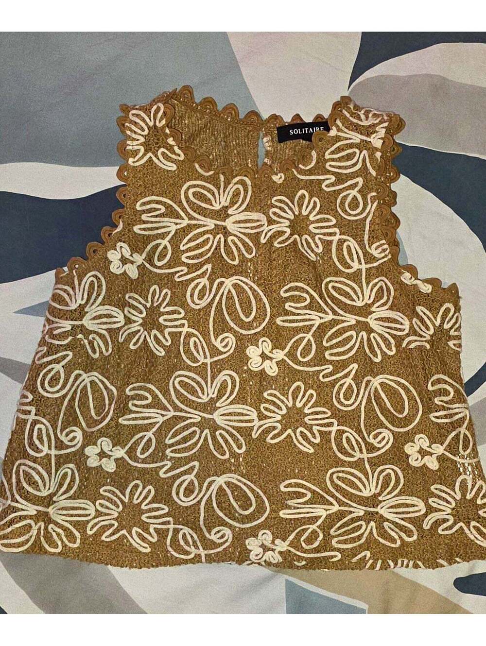 Solitaire Women's Crochet Sleeveless High Neck Floral Embroidered Crop Top M